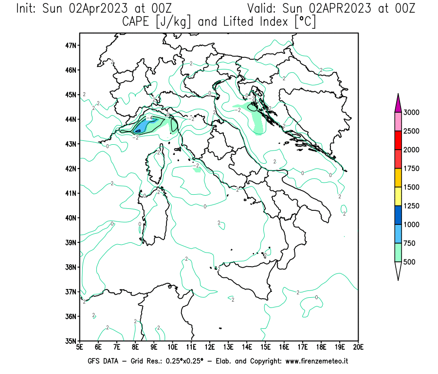 GFS analysi map - CAPE [J/kg] and Lifted Index [°C] in Italy
									on 02/04/2023 00 <!--googleoff: index-->UTC<!--googleon: index-->