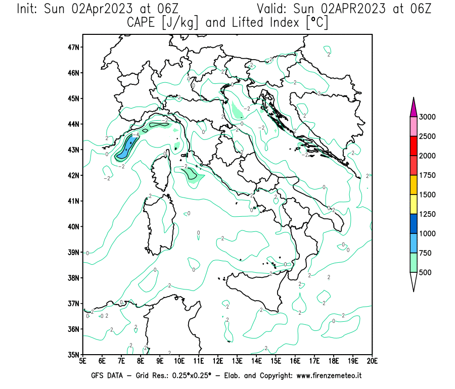 Mappa di analisi GFS - CAPE [J/kg] e Lifted Index [°C] in Italia
							del 02/04/2023 06 <!--googleoff: index-->UTC<!--googleon: index-->