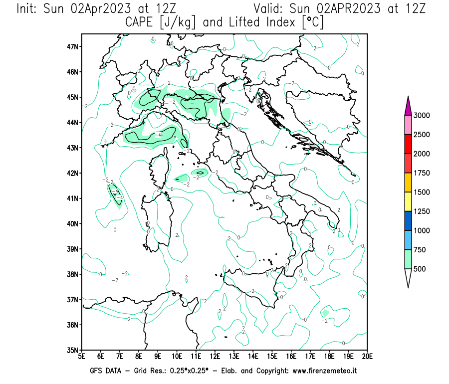 Mappa di analisi GFS - CAPE [J/kg] e Lifted Index [°C] in Italia
							del 02/04/2023 12 <!--googleoff: index-->UTC<!--googleon: index-->