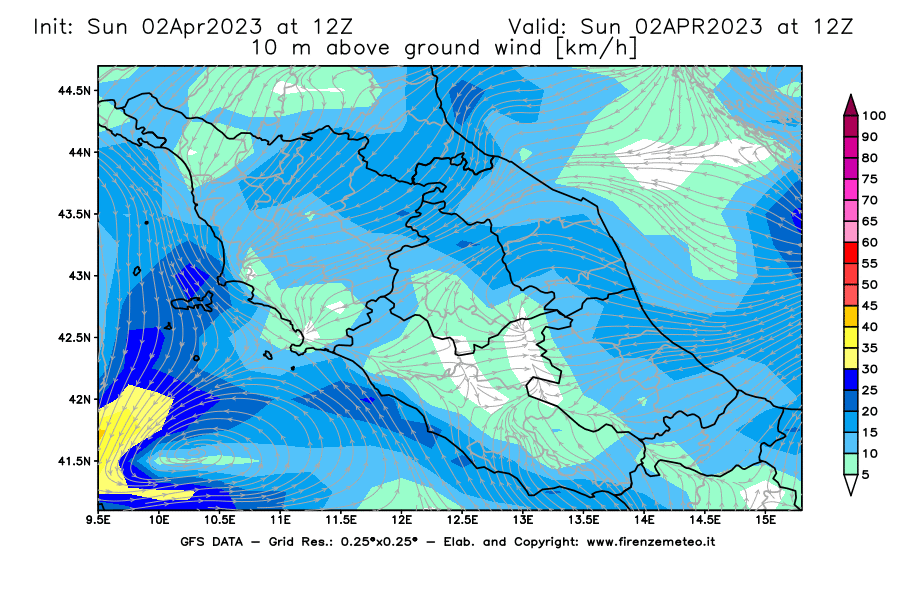 Mappa di analisi GFS - Velocità del vento a 10 metri dal suolo [km/h] in Centro-Italia
							del 02/04/2023 12 <!--googleoff: index-->UTC<!--googleon: index-->