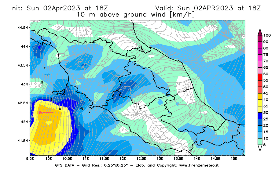 Mappa di analisi GFS - Velocità del vento a 10 metri dal suolo [km/h] in Centro-Italia
							del 02/04/2023 18 <!--googleoff: index-->UTC<!--googleon: index-->