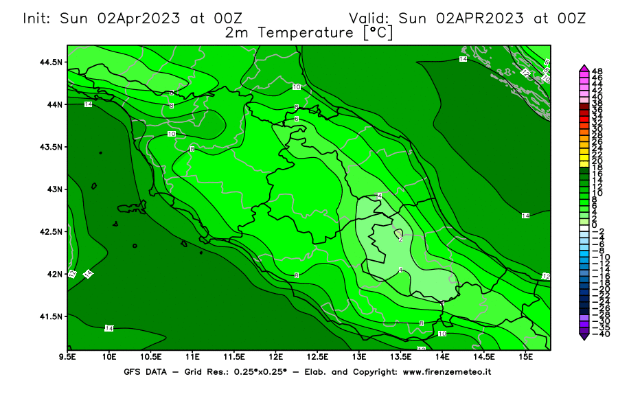 Mappa di analisi GFS - Temperatura a 2 metri dal suolo [°C] in Centro-Italia
							del 02/04/2023 00 <!--googleoff: index-->UTC<!--googleon: index-->