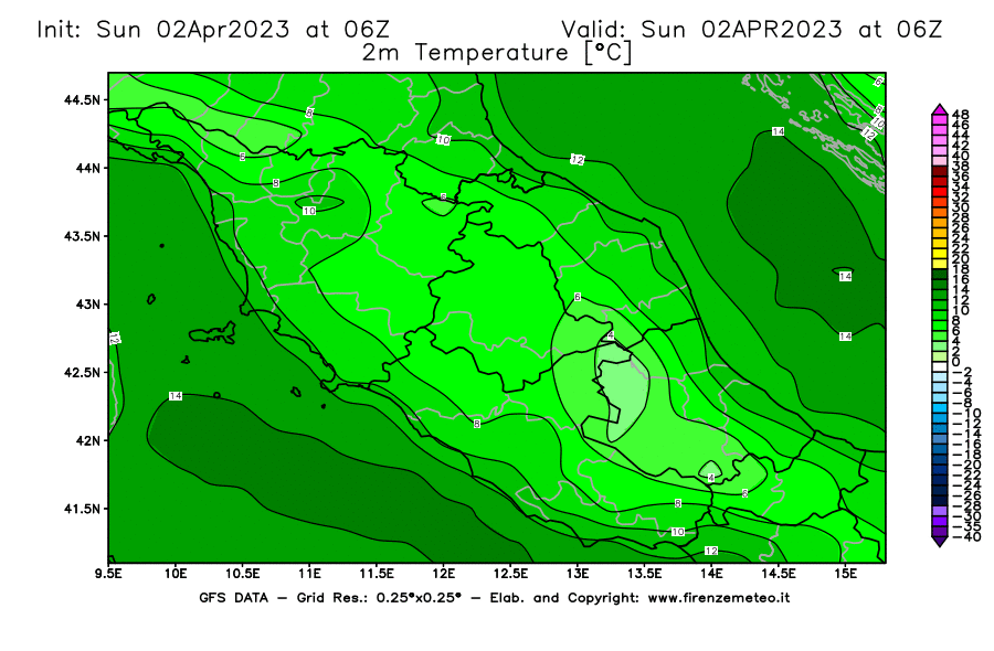 Mappa di analisi GFS - Temperatura a 2 metri dal suolo [°C] in Centro-Italia
							del 02/04/2023 06 <!--googleoff: index-->UTC<!--googleon: index-->
