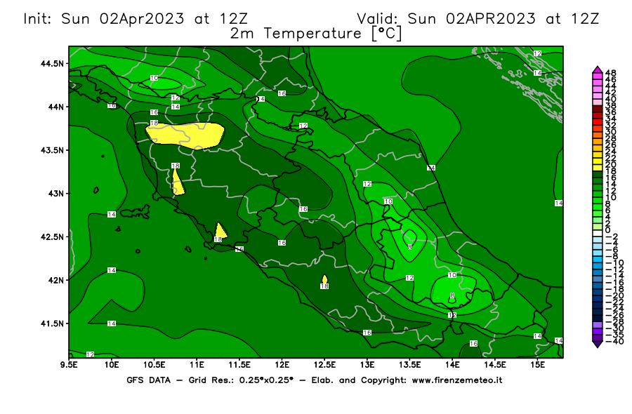 GFS analysi map - Temperature at 2 m above ground [°C] in Central Italy
									on 02/04/2023 12 <!--googleoff: index-->UTC<!--googleon: index-->