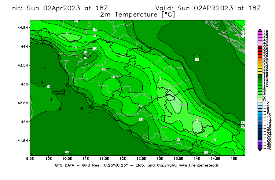 Mappa di analisi GFS - Temperatura a 2 metri dal suolo [°C] in Centro-Italia
							del 02/04/2023 18 <!--googleoff: index-->UTC<!--googleon: index-->