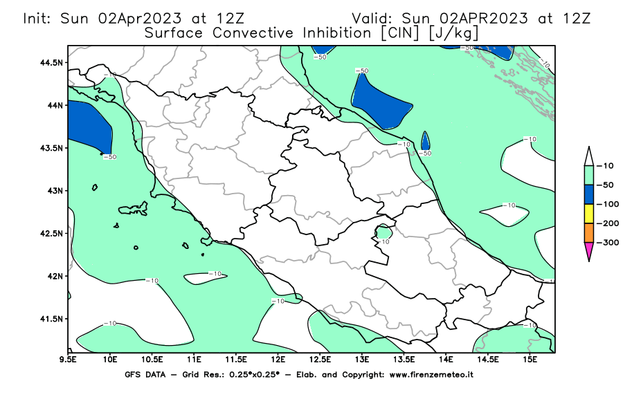 GFS analysi map - CIN [J/kg] in Central Italy
									on 02/04/2023 12 <!--googleoff: index-->UTC<!--googleon: index-->