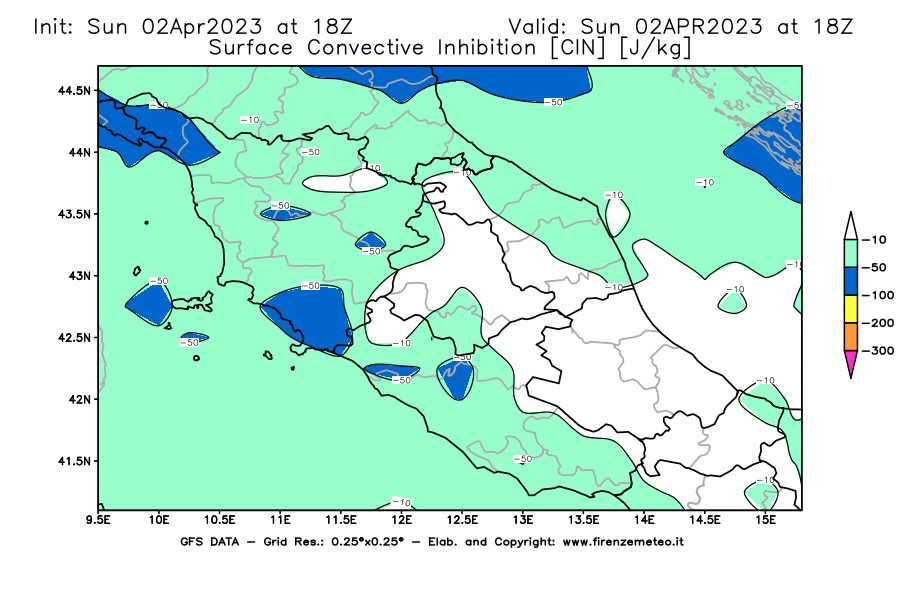 Mappa di analisi GFS - CIN [J/kg] in Centro-Italia
							del 02/04/2023 18 <!--googleoff: index-->UTC<!--googleon: index-->