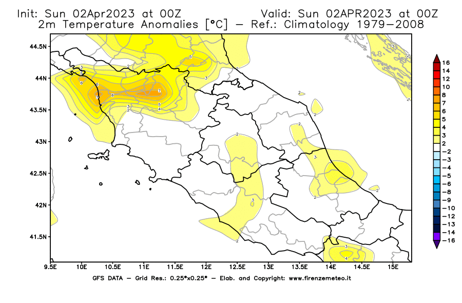 Mappa di analisi GFS - Anomalia Temperatura [°C] a 2 m in Centro-Italia
							del 02/04/2023 00 <!--googleoff: index-->UTC<!--googleon: index-->