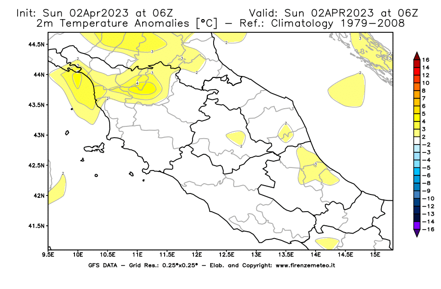 Mappa di analisi GFS - Anomalia Temperatura [°C] a 2 m in Centro-Italia
							del 02/04/2023 06 <!--googleoff: index-->UTC<!--googleon: index-->