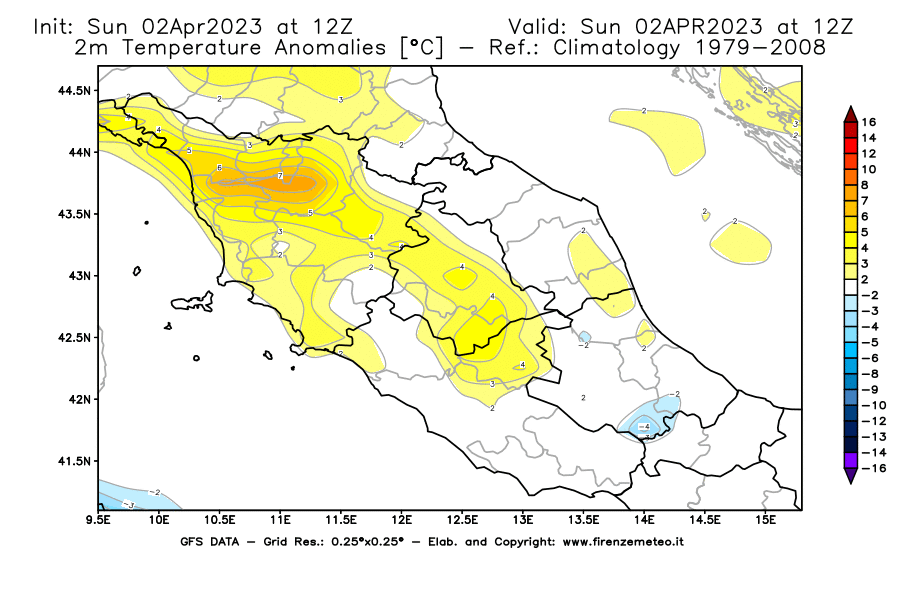Mappa di analisi GFS - Anomalia Temperatura [°C] a 2 m in Centro-Italia
							del 02/04/2023 12 <!--googleoff: index-->UTC<!--googleon: index-->