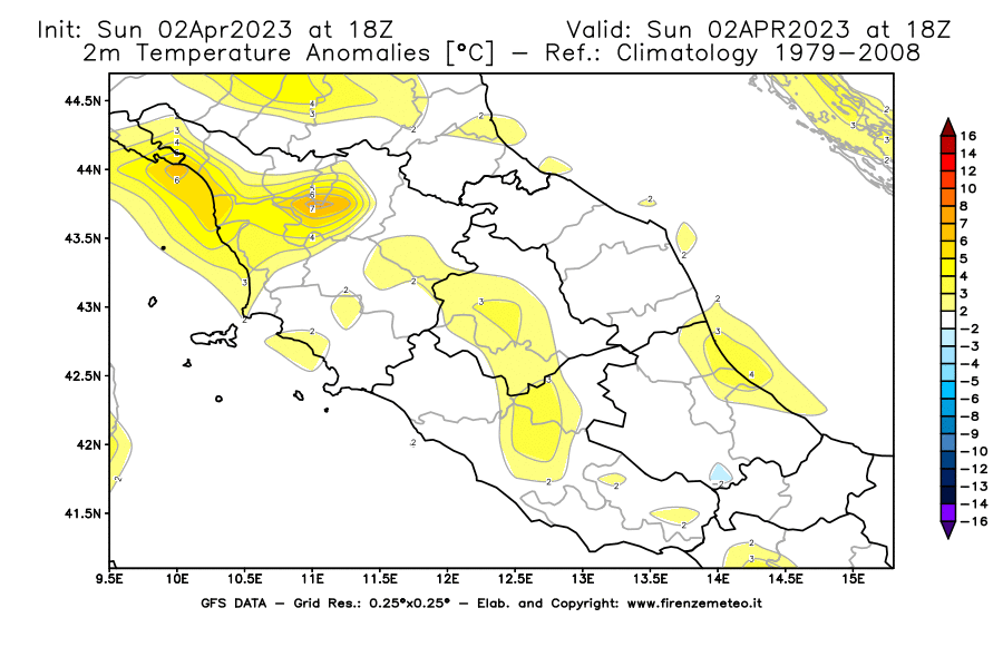 Mappa di analisi GFS - Anomalia Temperatura [°C] a 2 m in Centro-Italia
							del 02/04/2023 18 <!--googleoff: index-->UTC<!--googleon: index-->