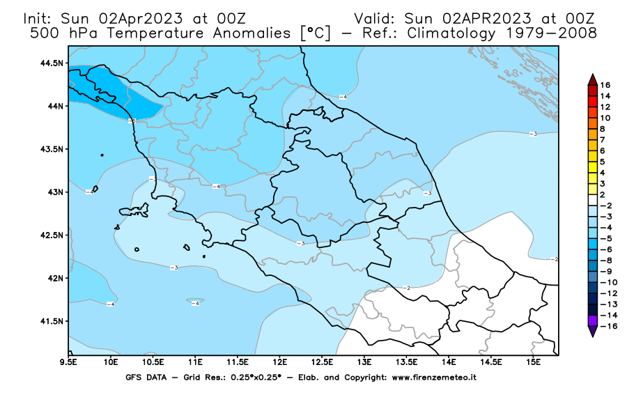 Mappa di analisi GFS - Anomalia Temperatura [°C] a 500 hPa in Centro-Italia
							del 02/04/2023 00 <!--googleoff: index-->UTC<!--googleon: index-->