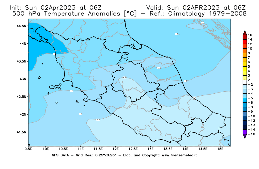 Mappa di analisi GFS - Anomalia Temperatura [°C] a 500 hPa in Centro-Italia
							del 02/04/2023 06 <!--googleoff: index-->UTC<!--googleon: index-->