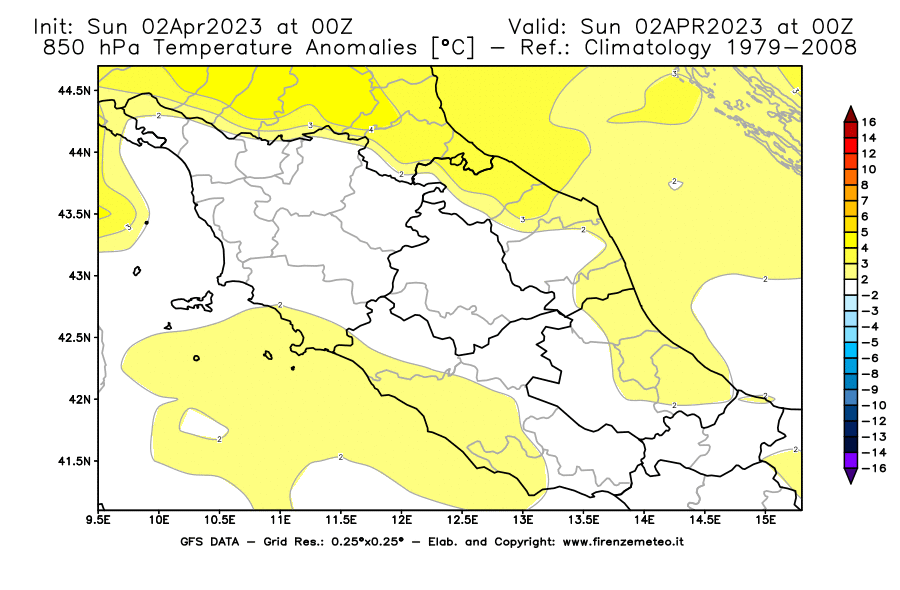 Mappa di analisi GFS - Anomalia Temperatura [°C] a 850 hPa in Centro-Italia
							del 02/04/2023 00 <!--googleoff: index-->UTC<!--googleon: index-->