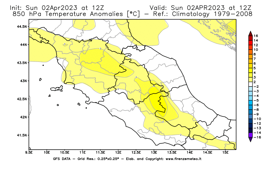 GFS analysi map - Temperature Anomalies [°C] at 850 hPa in Central Italy
									on 02/04/2023 12 <!--googleoff: index-->UTC<!--googleon: index-->