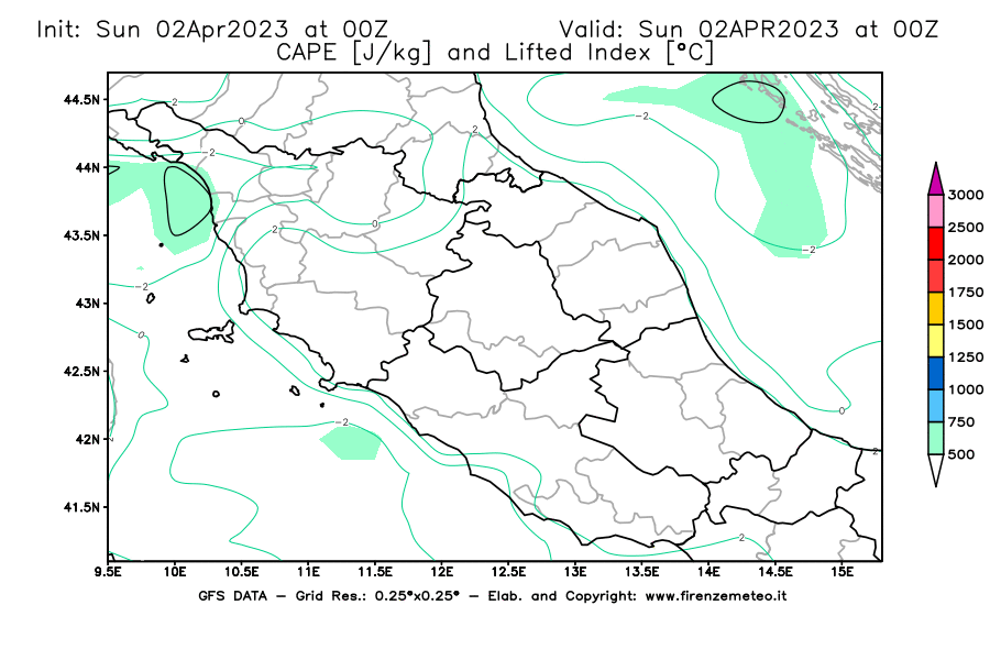 GFS analysi map - CAPE [J/kg] and Lifted Index [°C] in Central Italy
									on 02/04/2023 00 <!--googleoff: index-->UTC<!--googleon: index-->