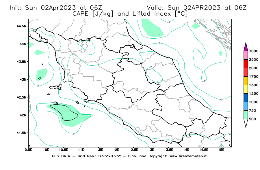 GFS analysi map - CAPE [J/kg] and Lifted Index [°C] in Central Italy
									on 02/04/2023 06 <!--googleoff: index-->UTC<!--googleon: index-->