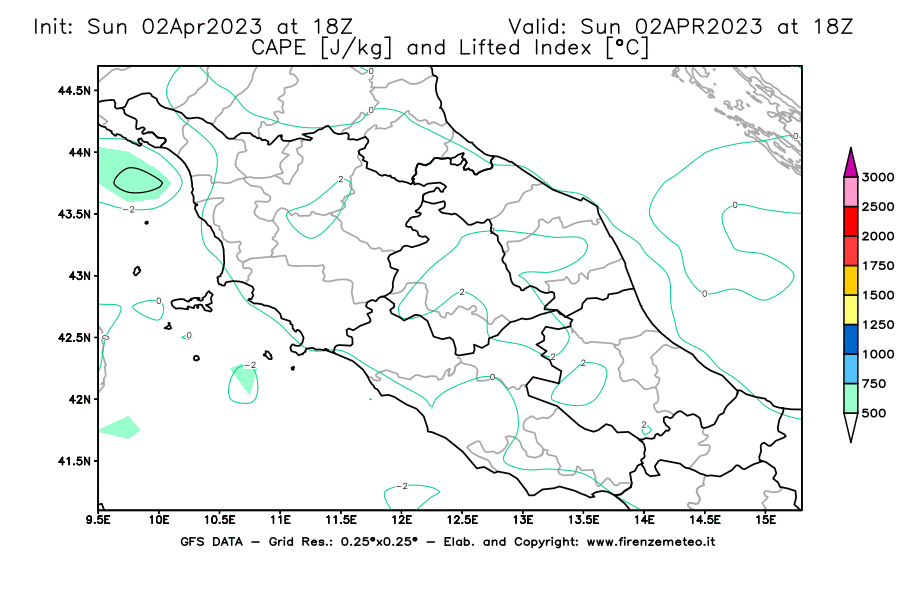 Mappa di analisi GFS - CAPE [J/kg] e Lifted Index [°C] in Centro-Italia
							del 02/04/2023 18 <!--googleoff: index-->UTC<!--googleon: index-->