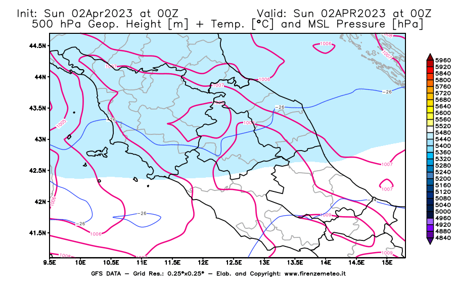 Mappa di analisi GFS - Geopotenziale [m] + Temp. [°C] a 500 hPa + Press. a livello del mare [hPa] in Centro-Italia
							del 02/04/2023 00 <!--googleoff: index-->UTC<!--googleon: index-->
