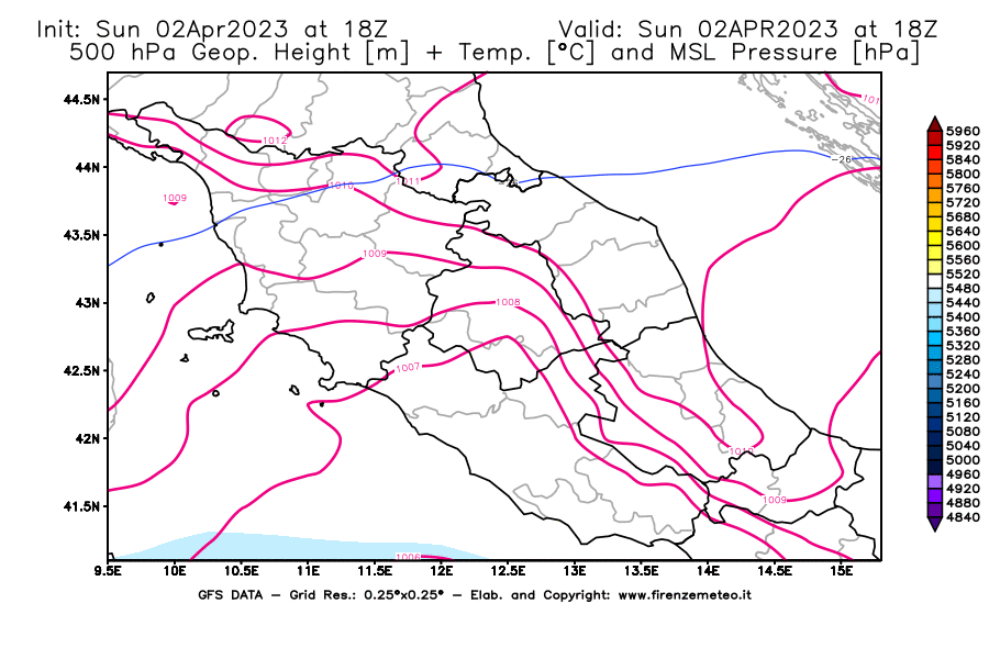Mappa di analisi GFS - Geopotenziale [m] + Temp. [°C] a 500 hPa + Press. a livello del mare [hPa] in Centro-Italia
							del 02/04/2023 18 <!--googleoff: index-->UTC<!--googleon: index-->