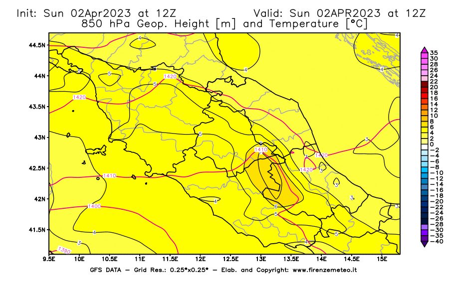 Mappa di analisi GFS - Geopotenziale [m] e Temperatura [°C] a 850 hPa in Centro-Italia
							del 02/04/2023 12 <!--googleoff: index-->UTC<!--googleon: index-->