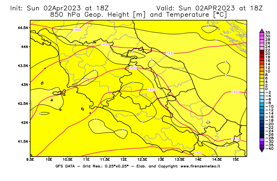 Mappa di analisi GFS - Geopotenziale [m] e Temperatura [°C] a 850 hPa in Centro-Italia
							del 02/04/2023 18 <!--googleoff: index-->UTC<!--googleon: index-->