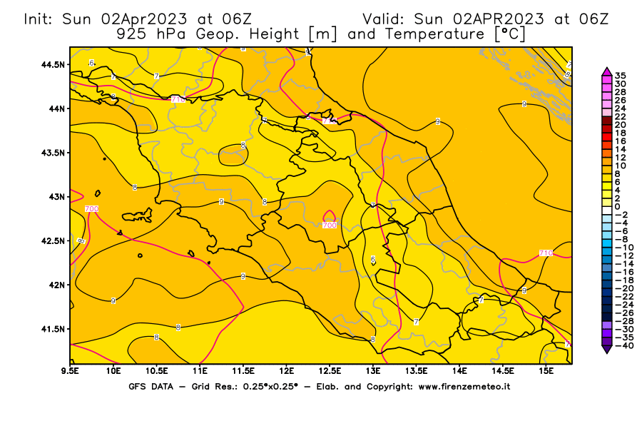 Mappa di analisi GFS - Geopotenziale [m] e Temperatura [°C] a 925 hPa in Centro-Italia
							del 02/04/2023 06 <!--googleoff: index-->UTC<!--googleon: index-->