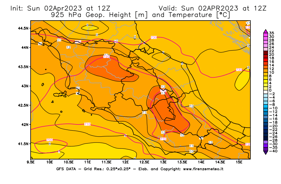 GFS analysi map - Geopotential [m] and Temperature [°C] at 925 hPa in Central Italy
									on 02/04/2023 12 <!--googleoff: index-->UTC<!--googleon: index-->