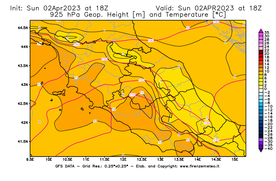Mappa di analisi GFS - Geopotenziale [m] e Temperatura [°C] a 925 hPa in Centro-Italia
							del 02/04/2023 18 <!--googleoff: index-->UTC<!--googleon: index-->