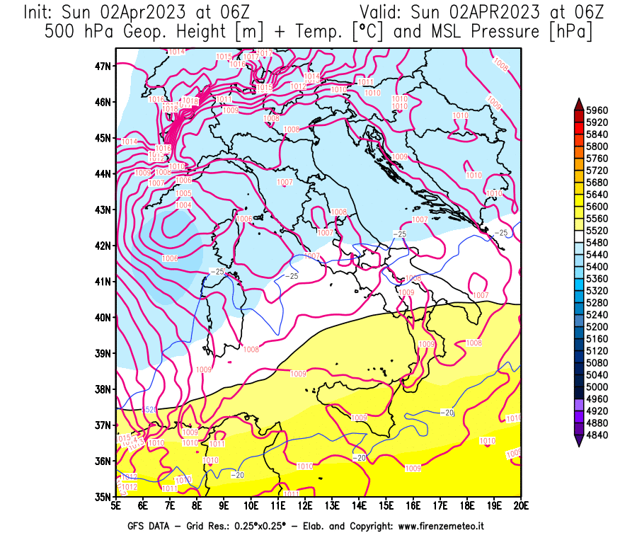 Mappa di analisi GFS - Geopotenziale [m] + Temp. [°C] a 500 hPa + Press. a livello del mare [hPa] in Italia
							del 02/04/2023 06 <!--googleoff: index-->UTC<!--googleon: index-->