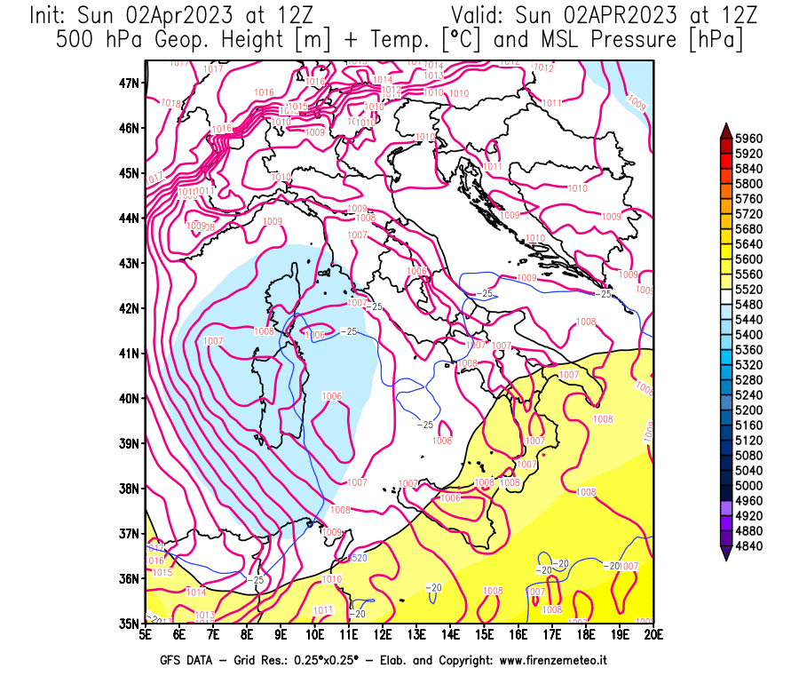 Mappa di analisi GFS - Geopotenziale [m] + Temp. [°C] a 500 hPa + Press. a livello del mare [hPa] in Italia
							del 02/04/2023 12 <!--googleoff: index-->UTC<!--googleon: index-->
