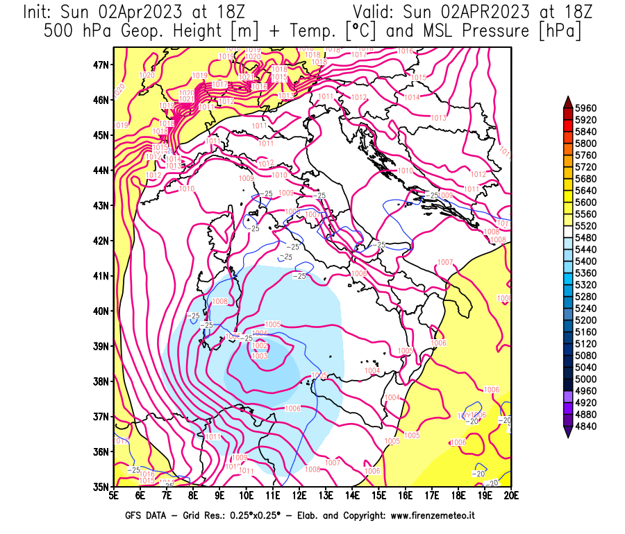Mappa di analisi GFS - Geopotenziale [m] + Temp. [°C] a 500 hPa + Press. a livello del mare [hPa] in Italia
							del 02/04/2023 18 <!--googleoff: index-->UTC<!--googleon: index-->