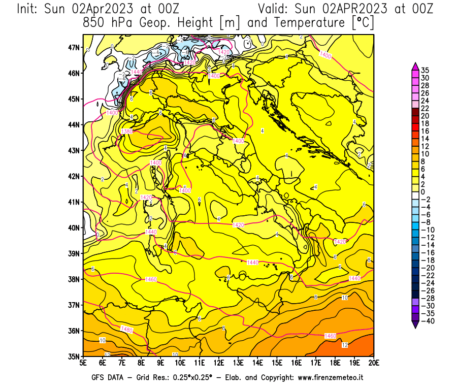 Mappa di analisi GFS - Geopotenziale [m] e Temperatura [°C] a 850 hPa in Italia
							del 02/04/2023 00 <!--googleoff: index-->UTC<!--googleon: index-->
