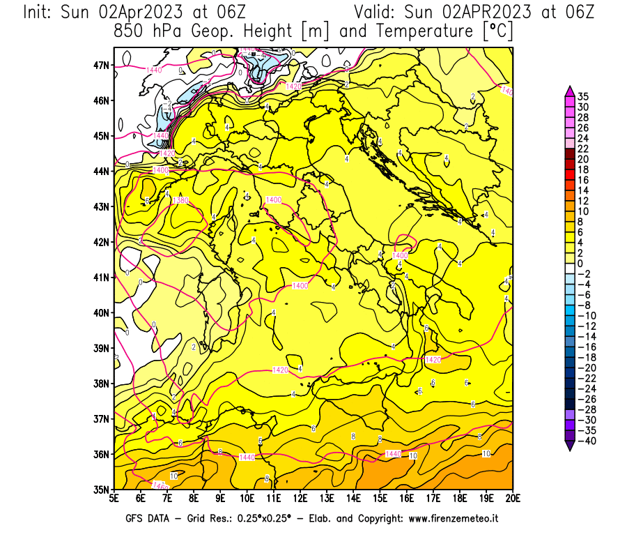 GFS analysi map - Geopotential [m] and Temperature [°C] at 850 hPa in Italy
									on 02/04/2023 06 <!--googleoff: index-->UTC<!--googleon: index-->