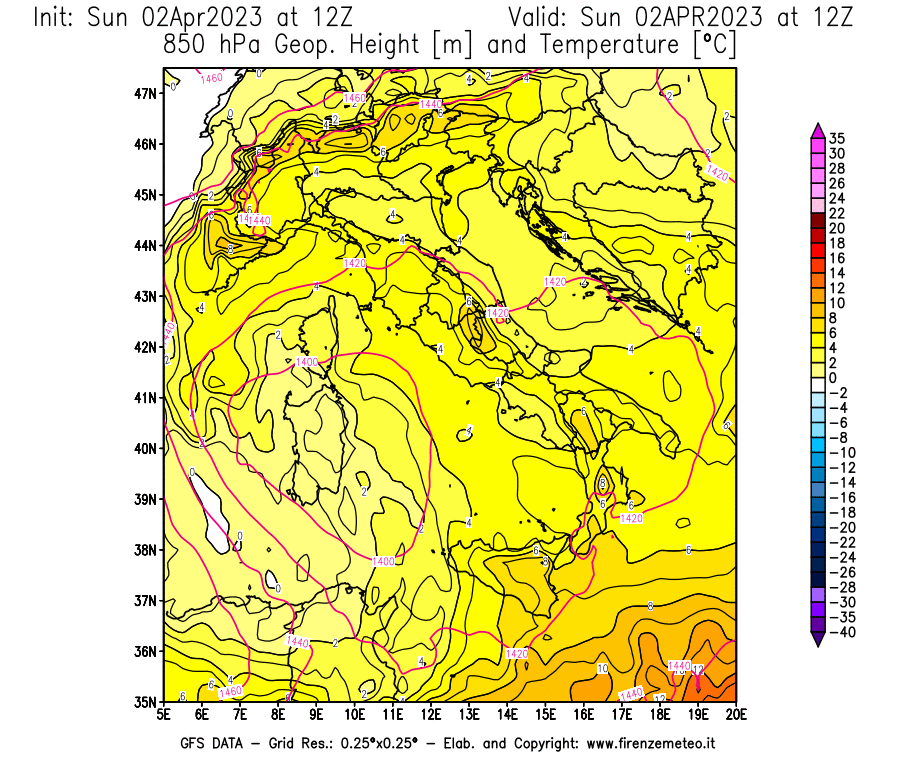 GFS analysi map - Geopotential [m] and Temperature [°C] at 850 hPa in Italy
									on 02/04/2023 12 <!--googleoff: index-->UTC<!--googleon: index-->