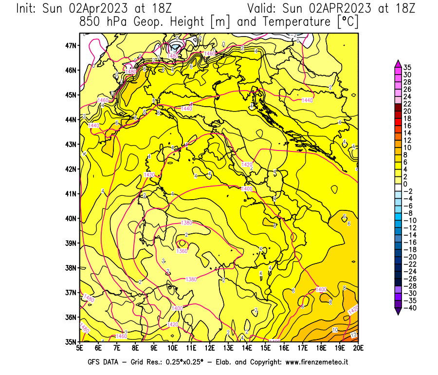 GFS analysi map - Geopotential [m] and Temperature [°C] at 850 hPa in Italy
									on 02/04/2023 18 <!--googleoff: index-->UTC<!--googleon: index-->