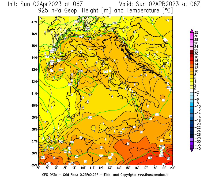 Mappa di analisi GFS - Geopotenziale [m] e Temperatura [°C] a 925 hPa in Italia
							del 02/04/2023 06 <!--googleoff: index-->UTC<!--googleon: index-->