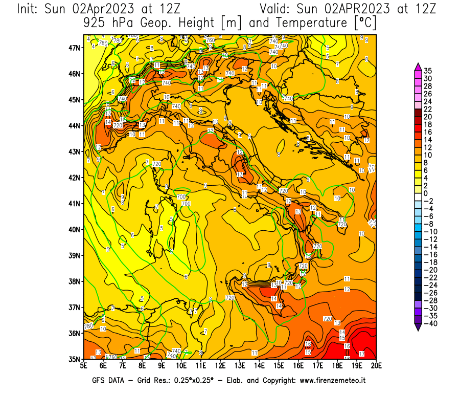 Mappa di analisi GFS - Geopotenziale [m] e Temperatura [°C] a 925 hPa in Italia
							del 02/04/2023 12 <!--googleoff: index-->UTC<!--googleon: index-->