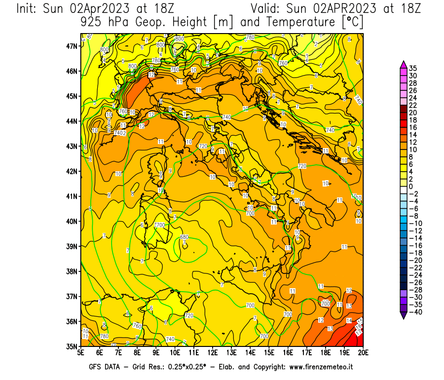 GFS analysi map - Geopotential [m] and Temperature [°C] at 925 hPa in Italy
									on 02/04/2023 18 <!--googleoff: index-->UTC<!--googleon: index-->