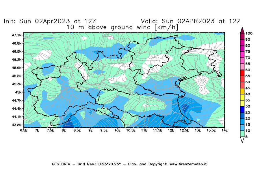 GFS analysi map - Wind Speed at 10 m above ground [km/h] in Northern Italy
									on 02/04/2023 12 <!--googleoff: index-->UTC<!--googleon: index-->