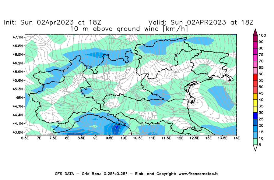 Mappa di analisi GFS - Velocità del vento a 10 metri dal suolo [km/h] in Nord-Italia
							del 02/04/2023 18 <!--googleoff: index-->UTC<!--googleon: index-->
