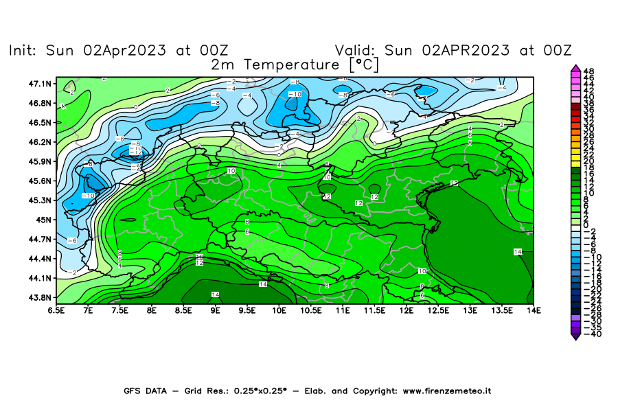 GFS analysi map - Temperature at 2 m above ground [°C] in Northern Italy
									on 02/04/2023 00 <!--googleoff: index-->UTC<!--googleon: index-->
