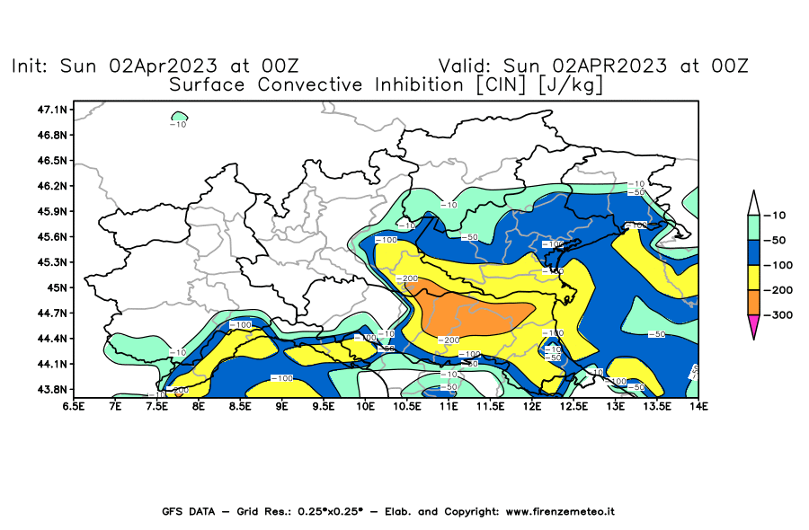 GFS analysi map - CIN [J/kg] in Northern Italy
									on 02/04/2023 00 <!--googleoff: index-->UTC<!--googleon: index-->