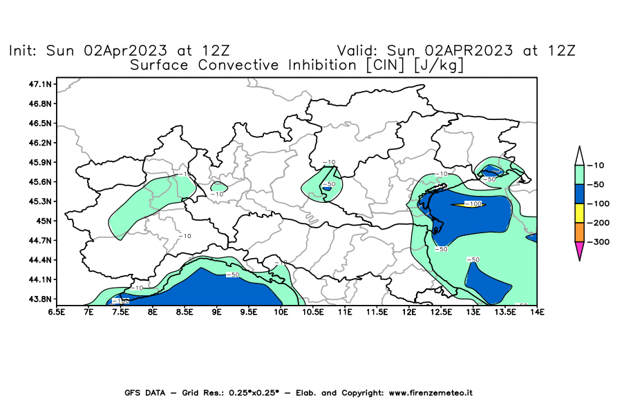 Mappa di analisi GFS - CIN [J/kg] in Nord-Italia
							del 02/04/2023 12 <!--googleoff: index-->UTC<!--googleon: index-->