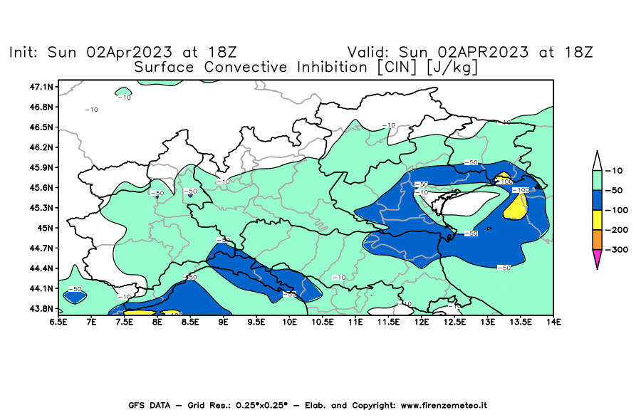 Mappa di analisi GFS - CIN [J/kg] in Nord-Italia
							del 02/04/2023 18 <!--googleoff: index-->UTC<!--googleon: index-->