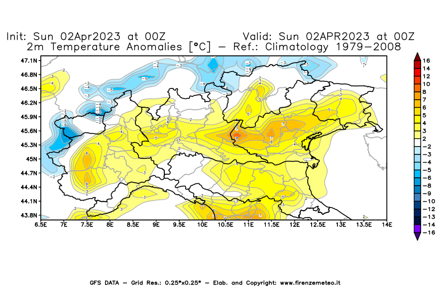 GFS analysi map - Temperature Anomalies [°C] at 2 m in Northern Italy
									on 02/04/2023 00 <!--googleoff: index-->UTC<!--googleon: index-->