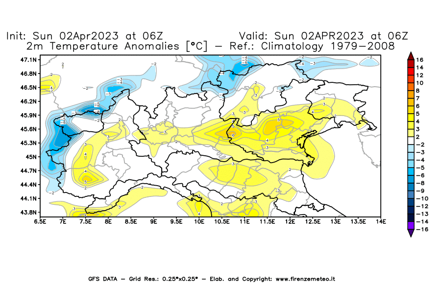 Mappa di analisi GFS - Anomalia Temperatura [°C] a 2 m in Nord-Italia
							del 02/04/2023 06 <!--googleoff: index-->UTC<!--googleon: index-->