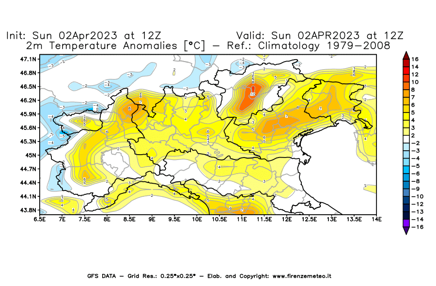 Mappa di analisi GFS - Anomalia Temperatura [°C] a 2 m in Nord-Italia
							del 02/04/2023 12 <!--googleoff: index-->UTC<!--googleon: index-->