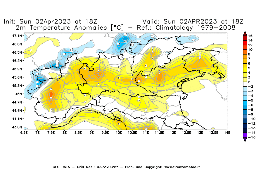 GFS analysi map - Temperature Anomalies [°C] at 2 m in Northern Italy
									on 02/04/2023 18 <!--googleoff: index-->UTC<!--googleon: index-->