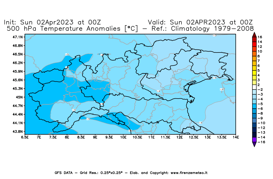 GFS analysi map - Temperature Anomalies [°C] at 500 hPa in Northern Italy
									on 02/04/2023 00 <!--googleoff: index-->UTC<!--googleon: index-->